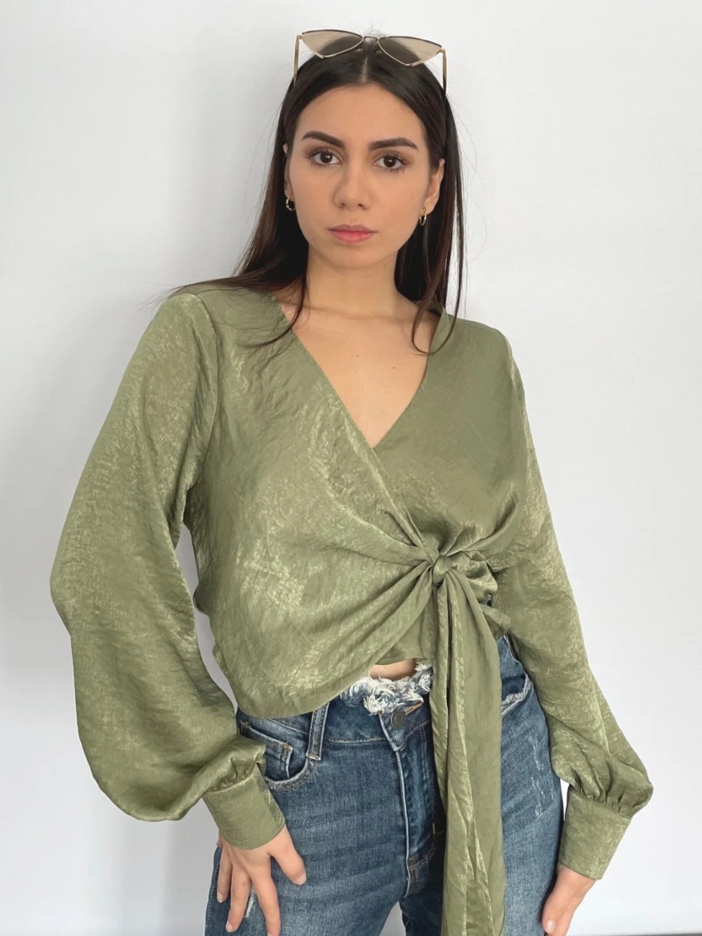 emory park Olive Green Tie-Front V-Neck Blouse
